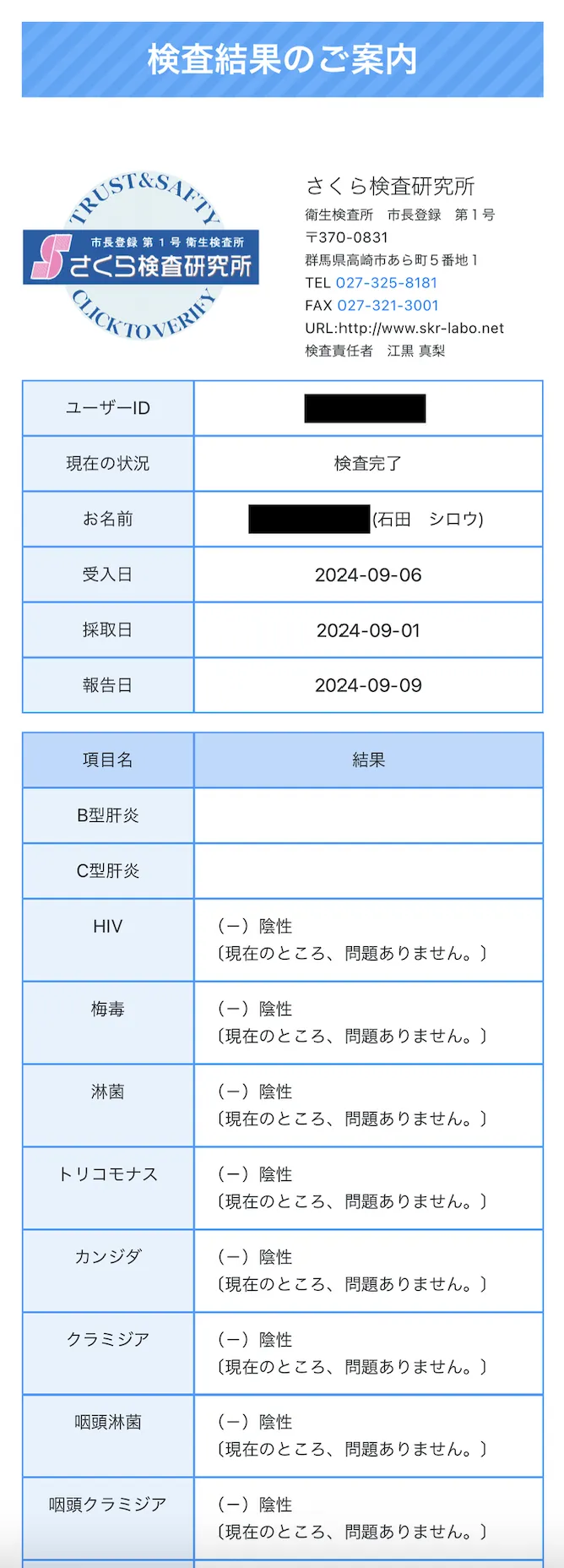 石田 シロウの性病検査証明書